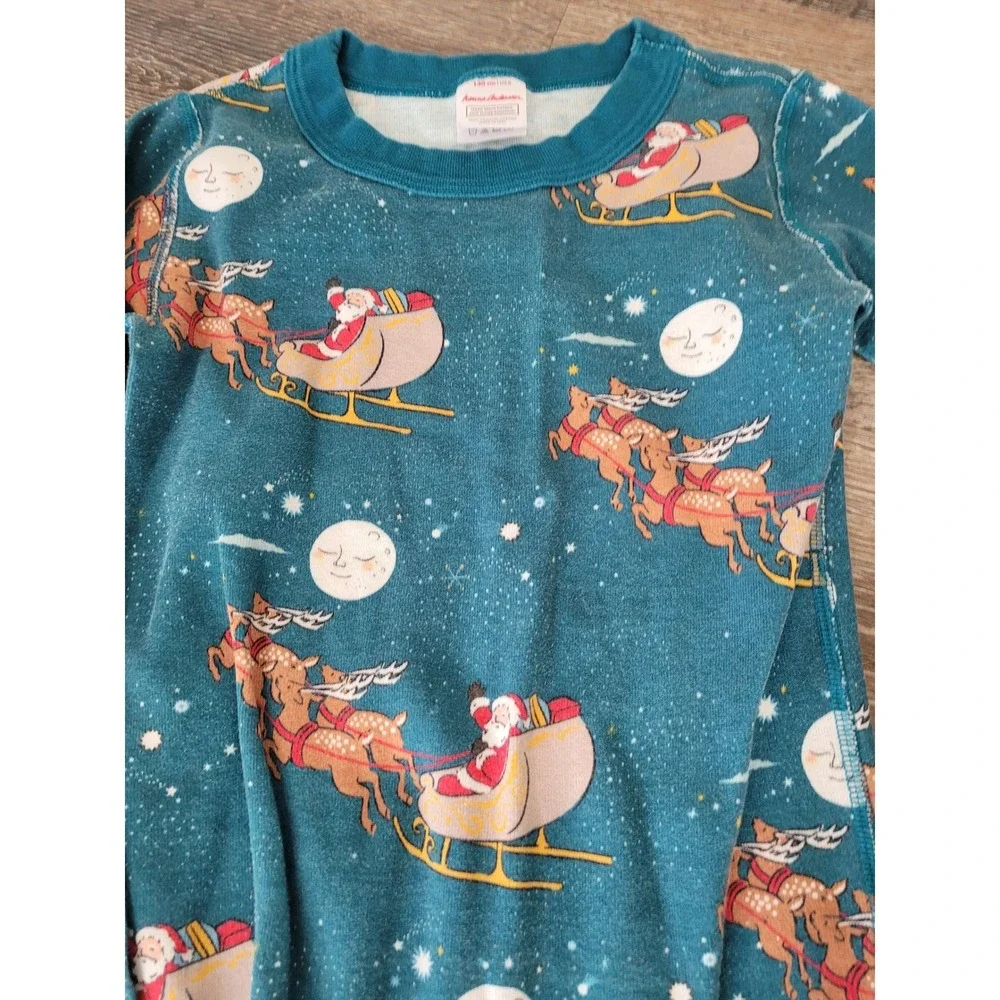 Hanna Andersson Santa Sleigh Reindeer Pajamas Organic Cotton Teal 8 Christmas #S